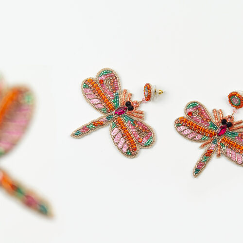 "Libellen" bestickt mit Perlen, in Grün, Pink, Orange, Rosa & Gold